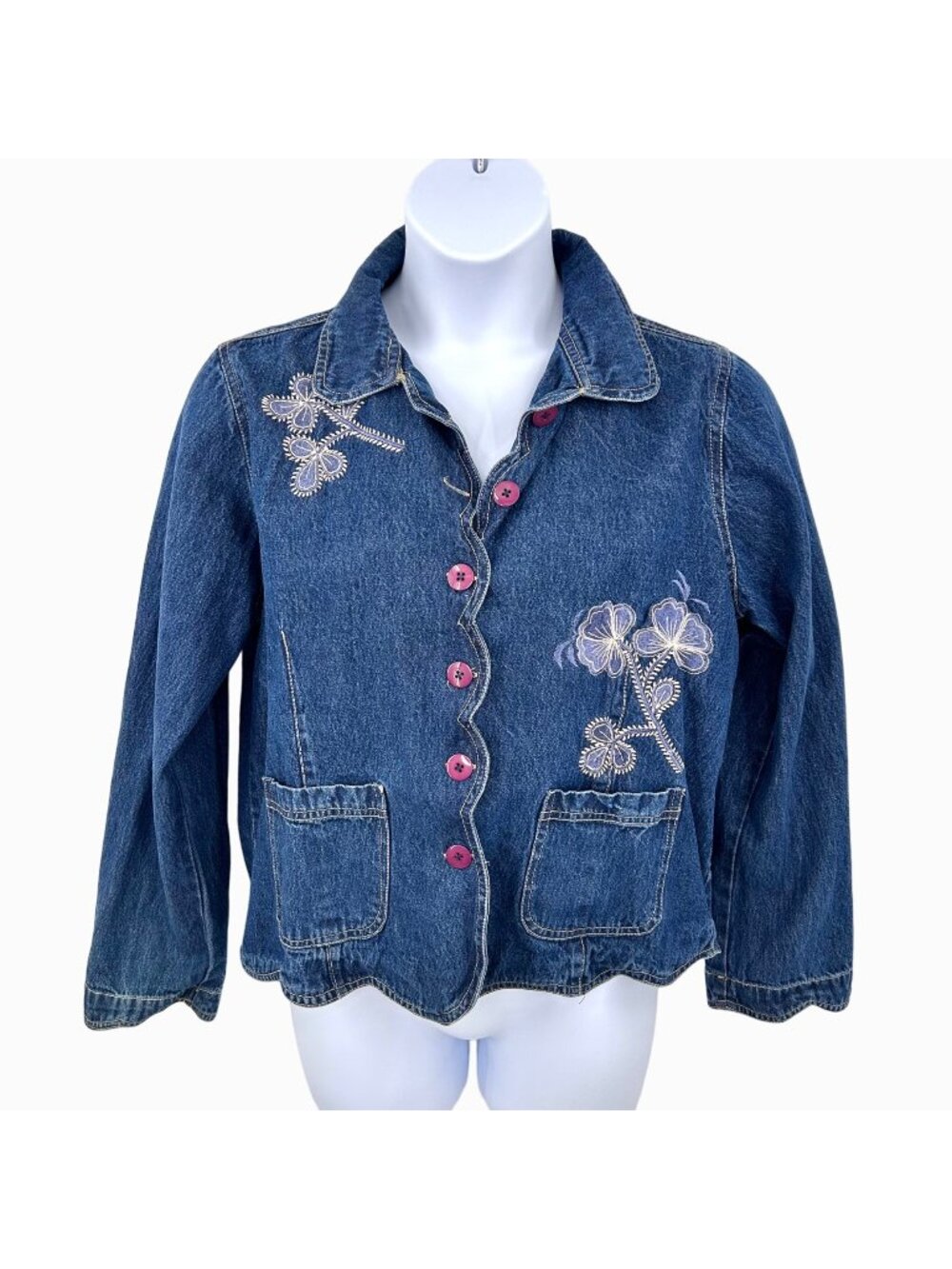 VTG KEREN HART SCALLOPED EDGE EMBROIDERED FLORAL BLUE DENIM JEAN JACKET - L